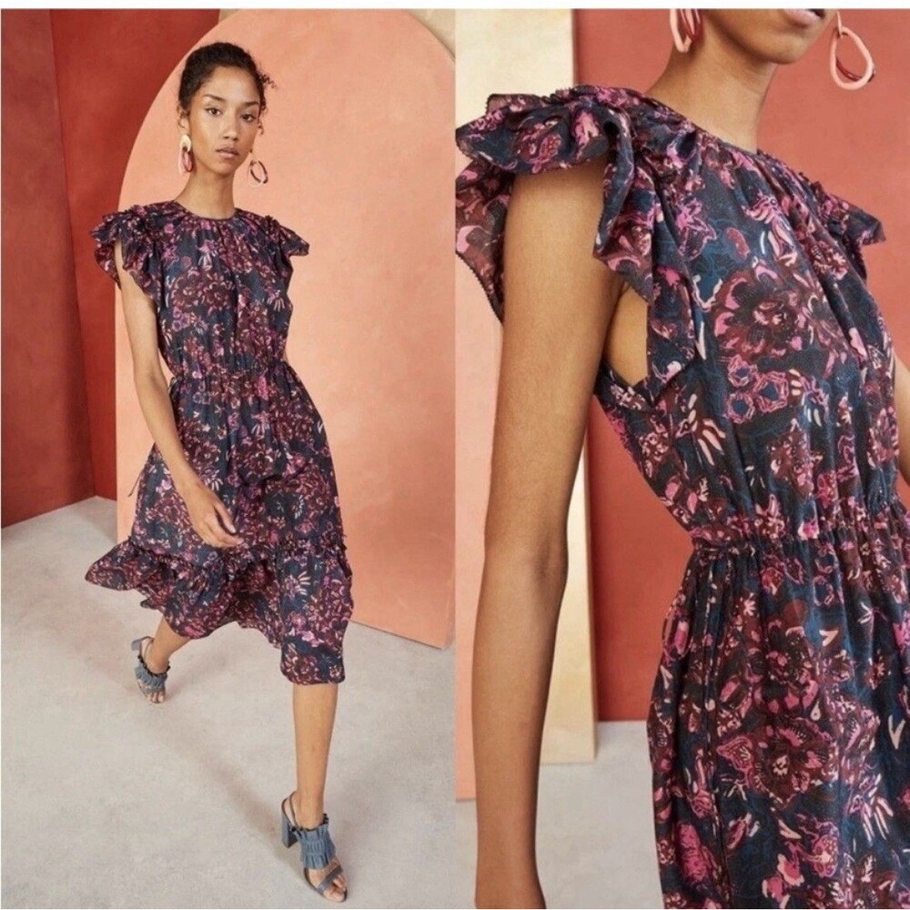 Ulla Johnson Arlene Midi Dress Midnight Floral Navy Pink Size 8